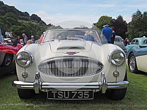 Front view of a vintage white Austin-Healey 3000 mark 2 1960s british sports car at hebden bridge vintage weekend