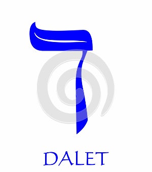 Hebrew alphabet - letter dalet  gematria door symbol  numeric value 4  blue font decorated with white wavy line  the