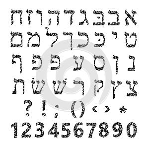 Hebrew Alphabet. Shabby font Hebrew. Grunge Hebrew. Hebrew letters. Vector illustration on isolated background