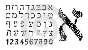 Hebrew Alphabet. Shabby font Hebrew. Grunge Hebrew. Hebrew letters. Vector illustration on isolated background