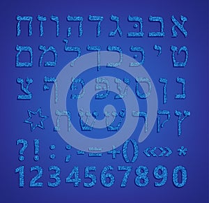 Hebrew Alphabet. Shiny blue font Hebrew. Hebrew letters. Vector illustration on a blue background