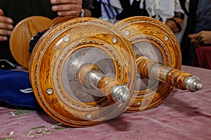 The Hebrew handwritten Torah scroll, on a synagogue