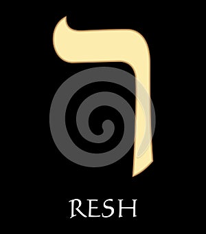 Hebrew letter resh, twentieth letter of hebrew alphabet, meaning is head, gold design on black background photo
