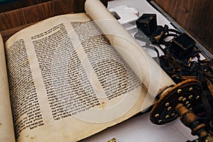 Hebrew religious handwritten Torah parchment scroll