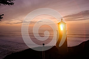 Heceta Head Lighthouse at sunset, built in 1892