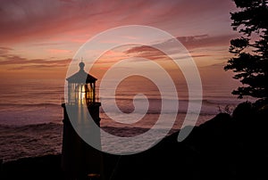 Heceta Head Lighthouse at sunset, built in 1892