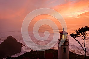 Heceta Head Lighthouse at sunset, built in 1892