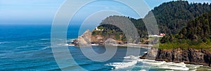 Heceta Head Lighthouse  between Yachats and Florence Oregon on the Pacific Ocean in August, panoramic