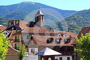 Hecho Valley Pyrenees village roof and mountain