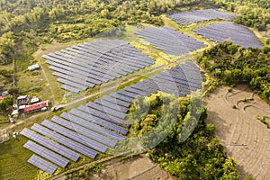 Hectares of former farmland or agricultural areas in the countryside used as a solar farm. At Miagao, Iloilo, Philippines