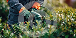 hedge cutting trimming pruning landscaping service or horticulture work, close up of man gardener hands in gloves with electric