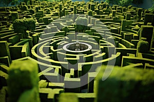 Hedge maze, green labyrinth of trimmed bushes in summer garden. Aerial view of abstract geometric pattern of plants in park.