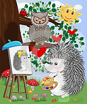 A hedgehog artist in love draws on an easel amidst a forest glade, owls are watched from a branch. Profession, hobby