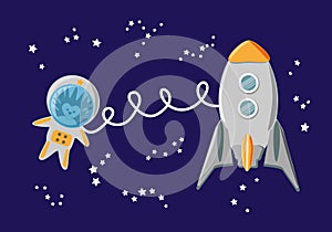 Hedgehog astronaut with rocket in outer space among stars photo
