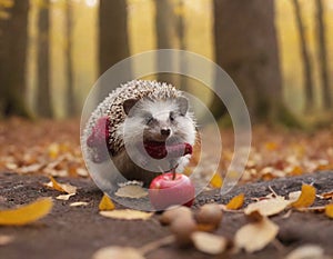 A hedgehog in the autumn forest in red boots and a scarf collects mushrooms and apples