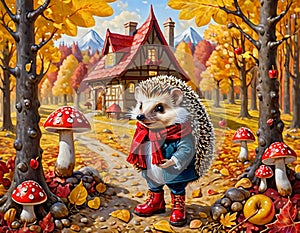 A hedgehog in the autumn forest in red boots and a scarf collects mushrooms and apples