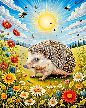 Hedgehog in beautiful meadow with bugs and bees in vibrant colours