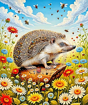 Hedgehog in beautiful meadow with bugs and bees in vibrant colours