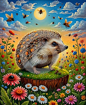 Hedgehog in beautiful meadow with bugs and bees in vibrant colours