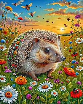 Hedgehog in beautiful meadow with bugs and bees in vibrant colours