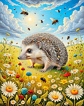 Hedgehog in beautiful meadow with bugs and bees in vibrant colours