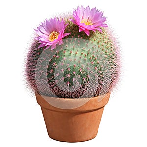 Hedgehog Cactus small clustered cactus with prominent ridges and pink flowers in a terracotta pot photo