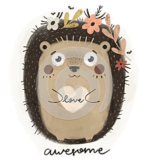 Awesome. cartoon hedgehog, hand drawing lettering, decorative elements. colorful illustration for kids, flat style.