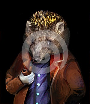 Hedgehog in clothes with a pipe anthropoid animal