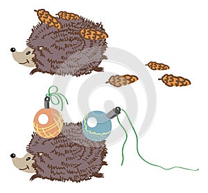 Hedgehog and cones and christmas toys illustration