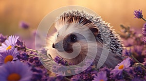 A hedgehog in background in soothing lavender