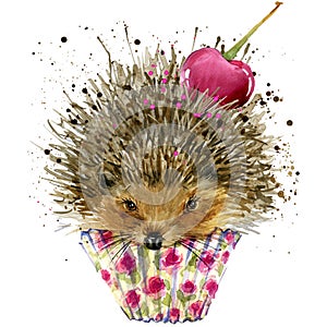 Hedgehog and dessert with cherry T-shirt graphics, Hedgehog and dessert illustration with splash watercolor textured background. i