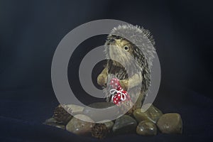 The hedgehog doll in the fog on the rocks, with a red bag in the paws