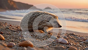 Adorable Hedgehog on the Beach at Sunset