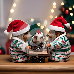 A hedgehog family in Christmas pajamas, unboxing a miniature holiday train set1
