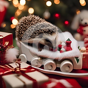 A hedgehog family in Christmas pajamas, unboxing a miniature holiday train set5