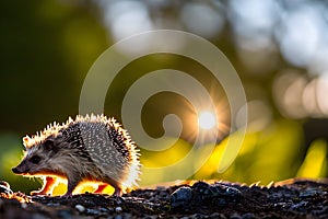 A hedgehog foraging for food at sunrise generated by ai