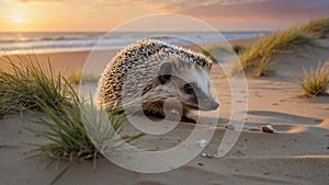 Adorable Hedgehog on Sandy Beach at Sunset