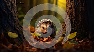 A hedgehog in a forest surrounded by leaves