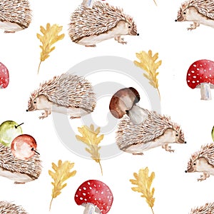 Hedgehog in the forest watercolor seamless pattern