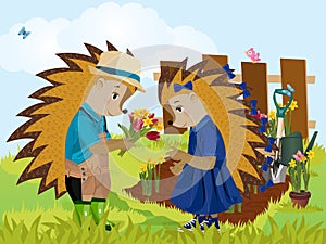 Hedgehog gives a bouquet of flowers. Vector illustration.