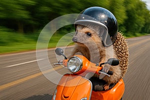 A hedgehog in a helmet rides a scooter along the road.