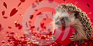 Hedgehog hugging red heart shape on red background, heart shaped confetti falling around.