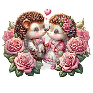 Hedgehog lovebirds on Valentine\'s Day,isolated, on white background, Generated AI