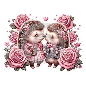 Hedgehog lovebirds on Valentine\'s Day,isolated, on white background, Generated AI