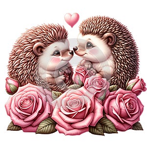 Hedgehog lovebirds on Valentine\'s Day,isolated, on white background, Generated AI