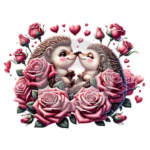 Hedgehog lovebirds on Valentine\'s Day,isolated, on white background, Generated AI