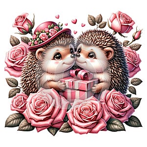 Hedgehog lovebirds on Valentine\'s Day,isolated, on white background, Generated AI