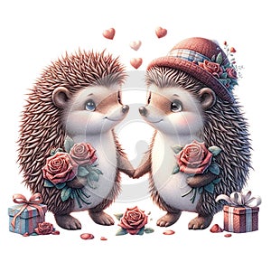 Hedgehog lovebirds on Valentine\'s Day,isolated, on white background, Generated AI