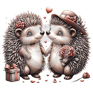 Hedgehog lovebirds on Valentine\'s Day,isolated, on white background, Generated AI