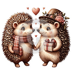 Hedgehog lovebirds on Valentine\'s Day,isolated, on white background, Generated AI